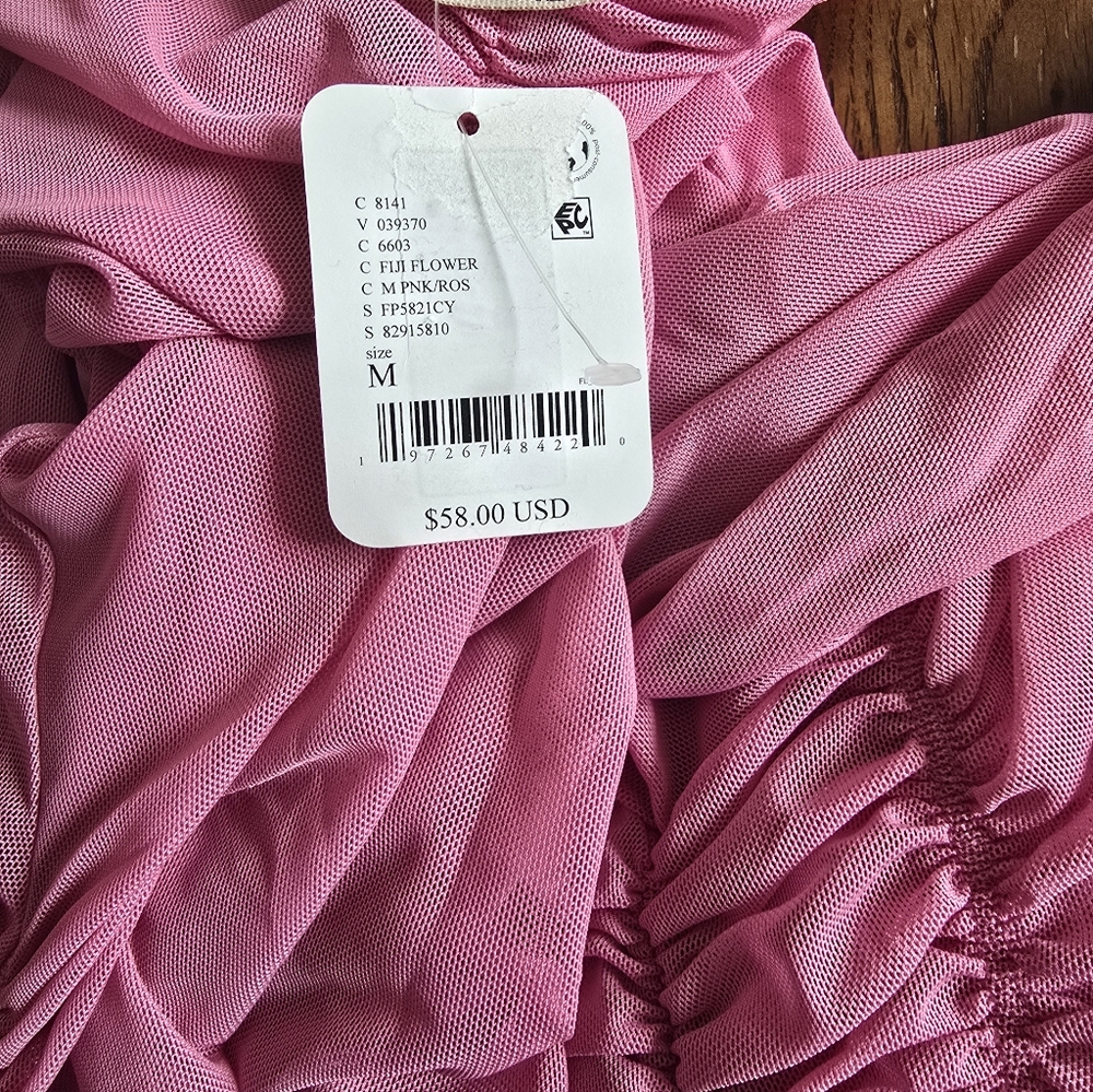 Free People Under It All Long Sleeve Ruched Mesh Bodysuit Pink Tint - Picture 7 of 8